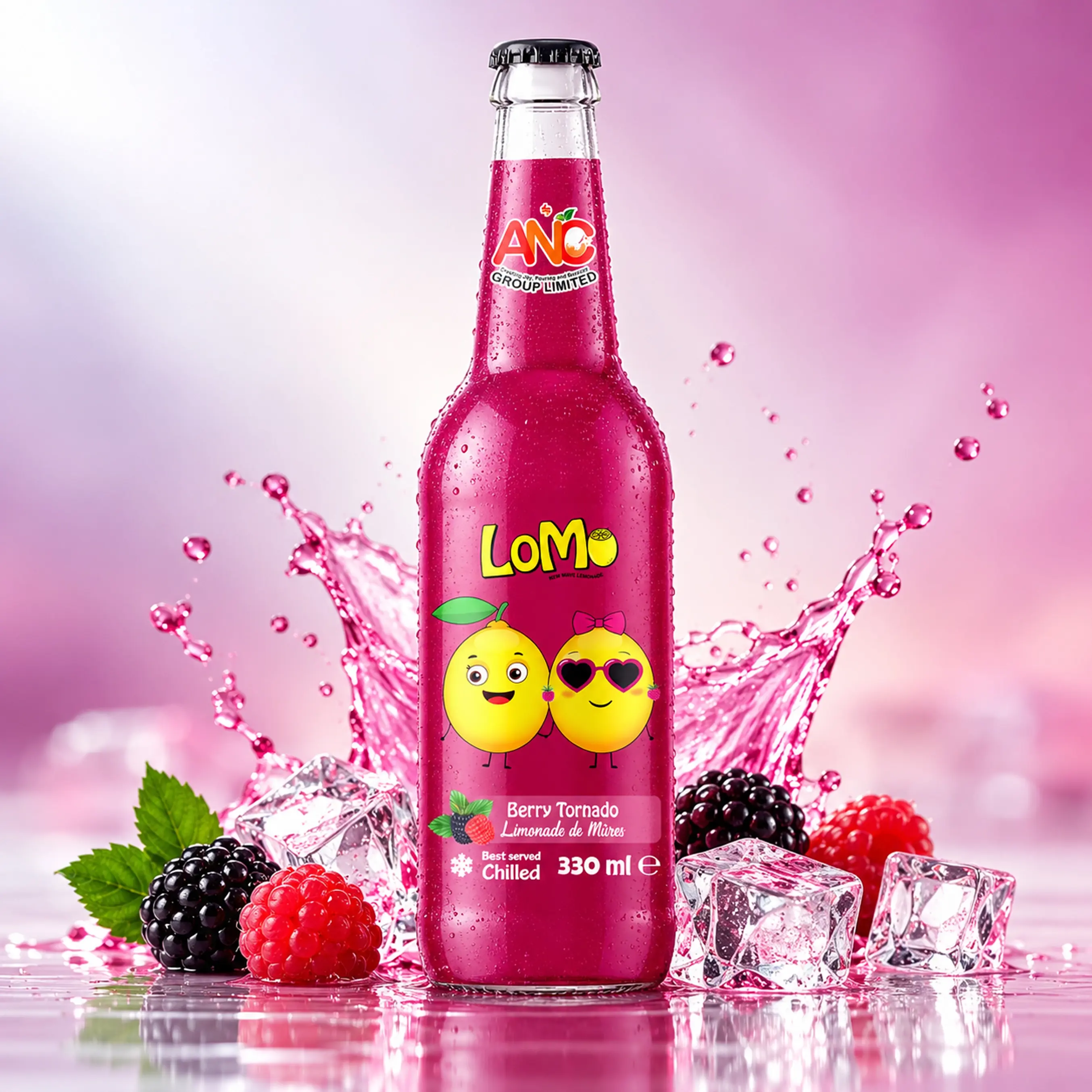 LoMo Berry Tornado 330ml glass bottle with blackberries, raspberries, ice cubes, and berry splash.